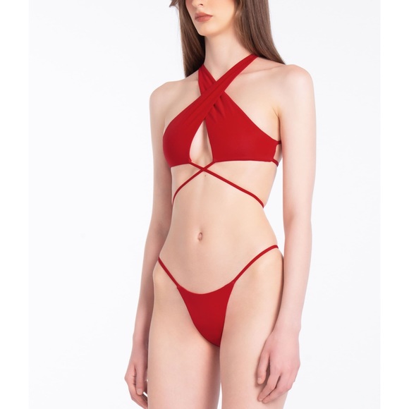 *NWOT Angelys Balek Cross Neck Wrap Front Bikini & String Brief in salsa - Picture 3 of 14